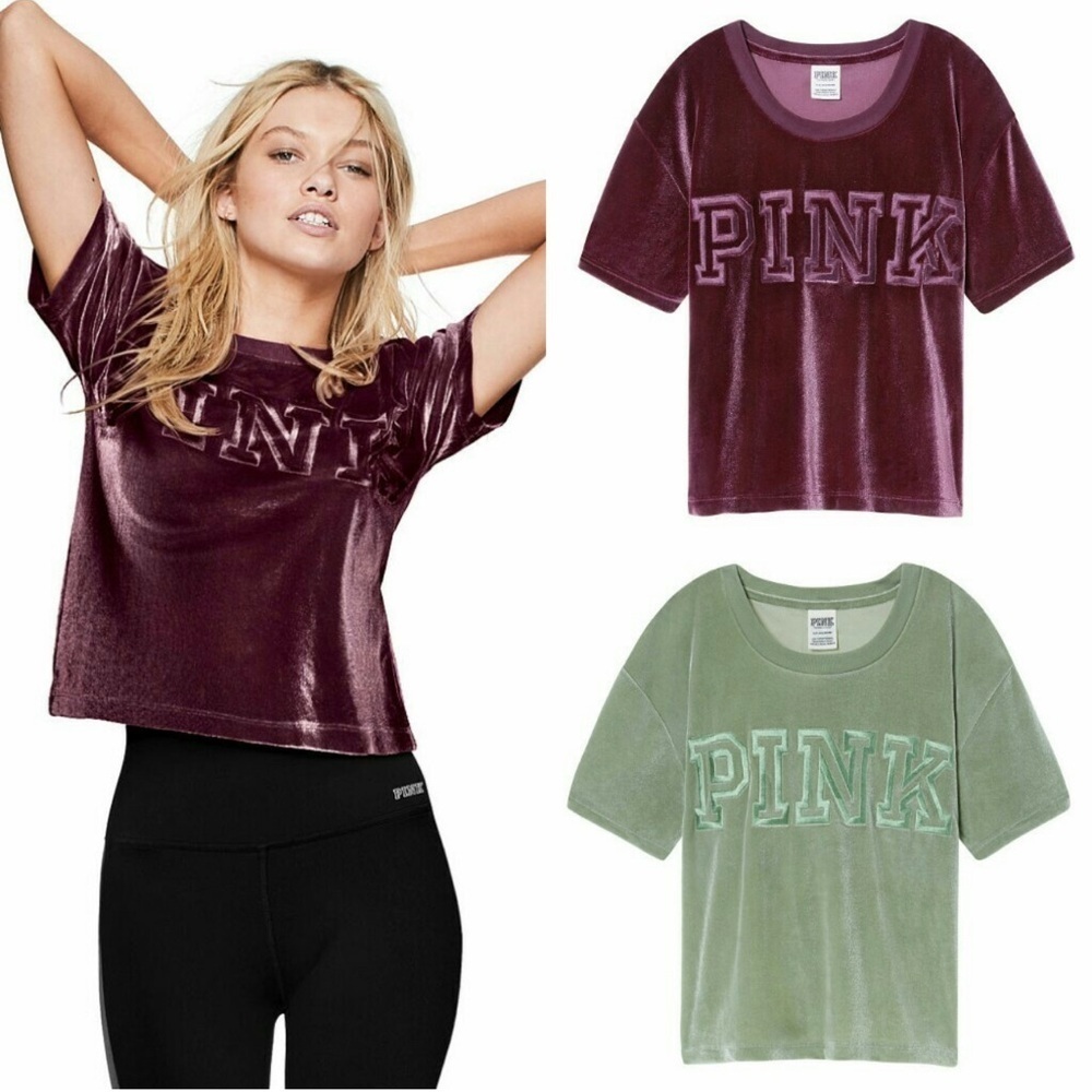 Pink NWT Y2K Merlot Logo Lettering Velvet Short Sleeve Tee
